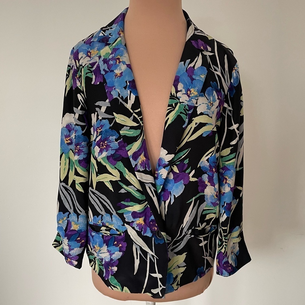 Elizabeth & James Black Silk Multicolor Floral Blazer 3/4 Sleeve Jacket Size 2